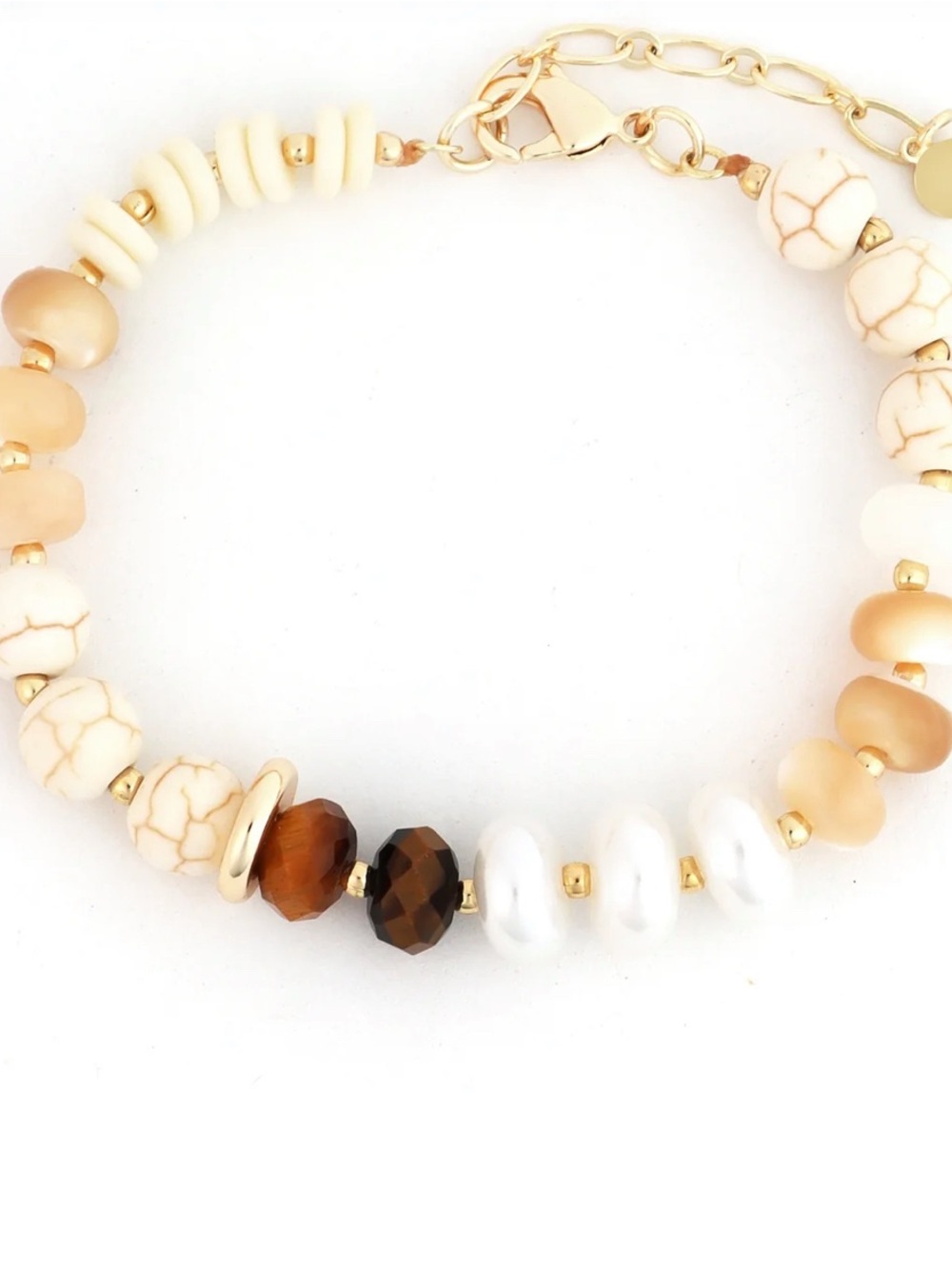 South Moon Under White, Cream & Brown Beaded Gold Accent Bracelet